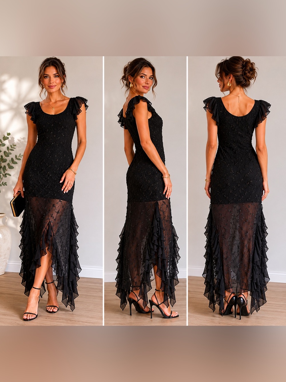 vintage barketti J.Kaur Black Ruffle Hem Evening Dress Sheer Floral Formal Gown - Picture 9 of 10